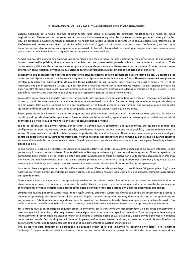 Clase 6 - El Fenómeno Del Callar y Las Rutinas Defensivas en Las ...