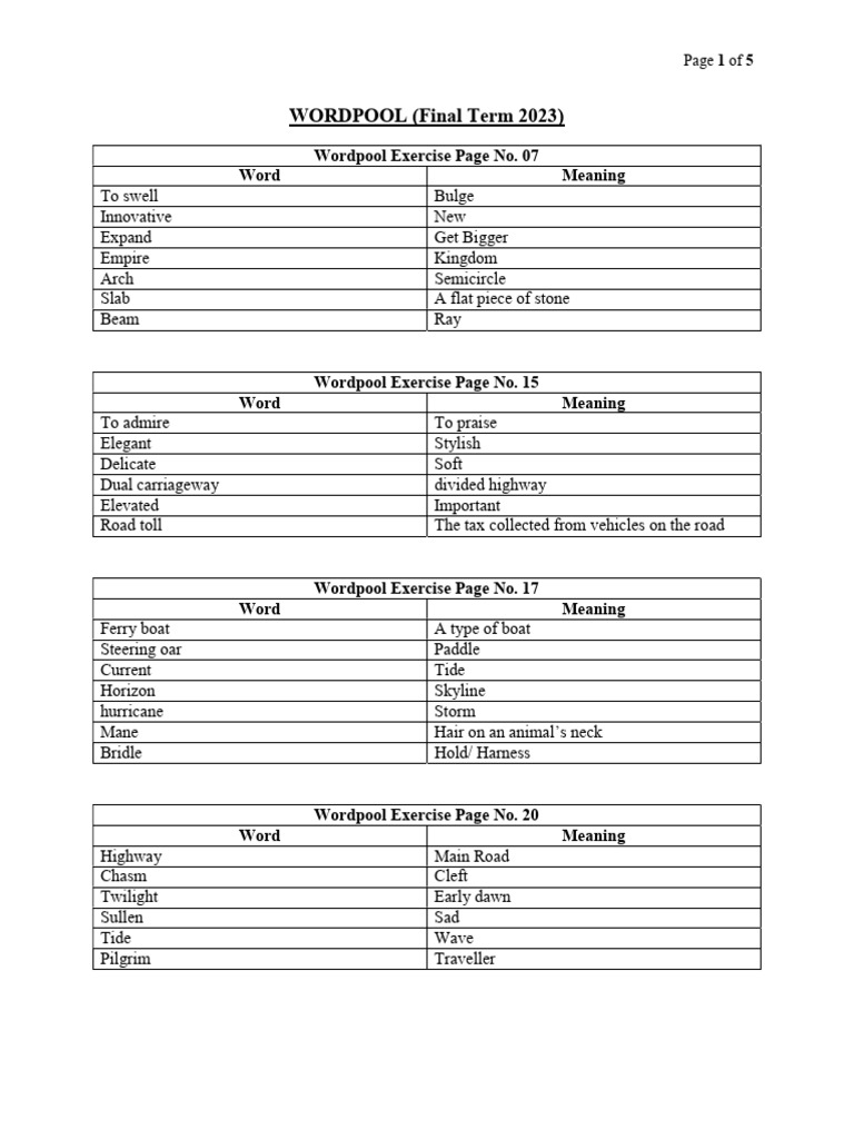 Wordpool Vocabulary Exercises 2023 | PDF | Sheep