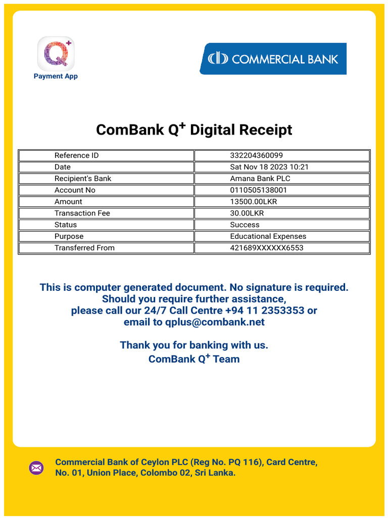 ComBank Q+ Digital Payment Receipt | PDF