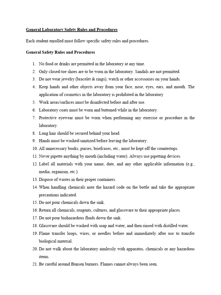 General Laboratory Safety Rules and Procedures PDF Laboratories Fires