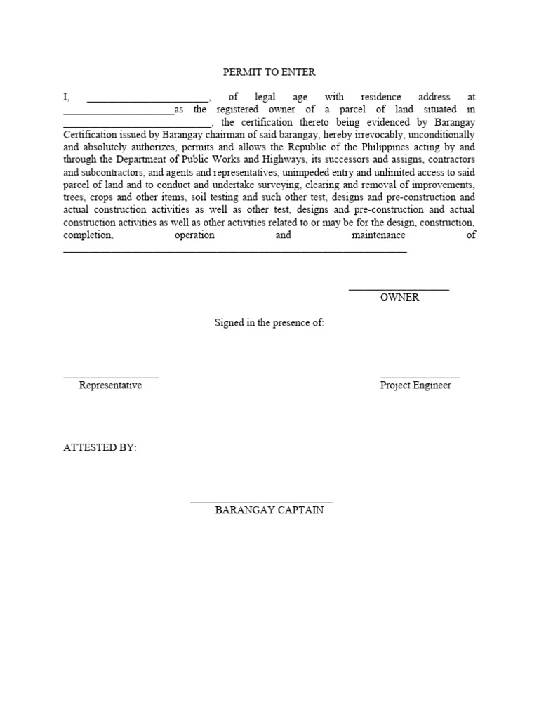 Permit to Enter for DPWH Projects | PDF | Business | Finance & Money ...