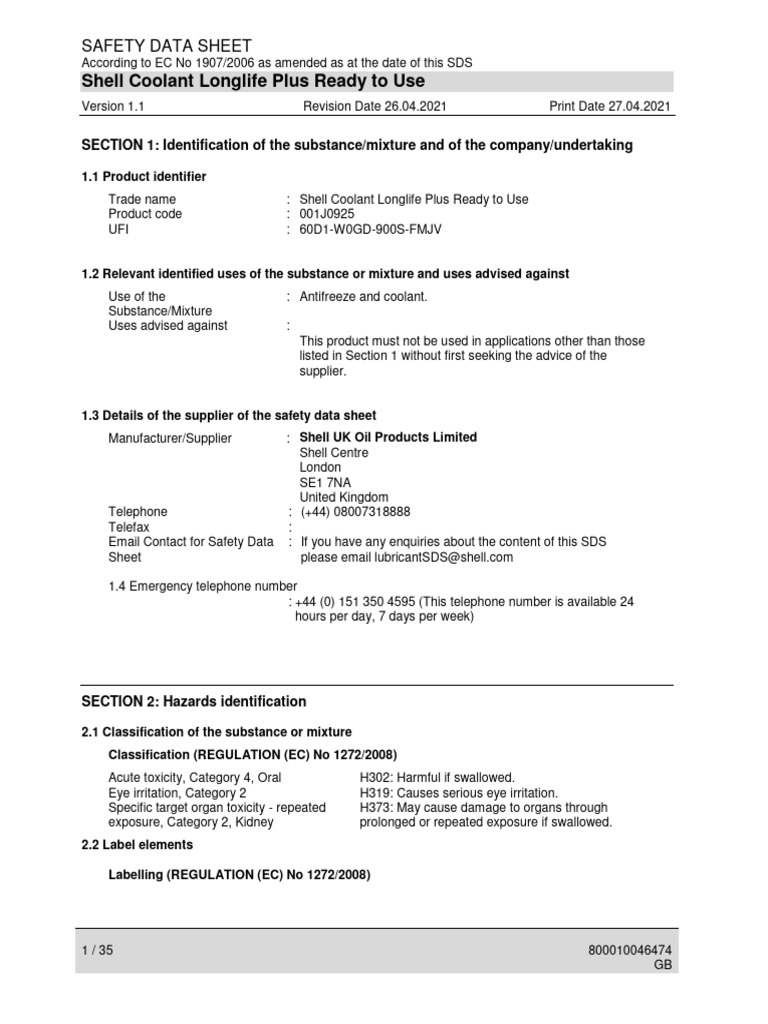 Shell Coolant Longlife Plus SDS | PDF | Toxicity | Firefighting