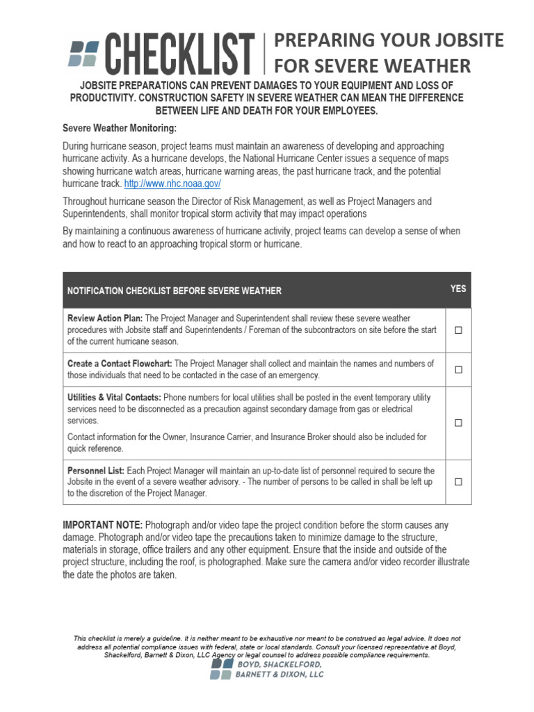 Jobsite Severe Weather Checklist PDF Storm Drain Tropical Cyclones