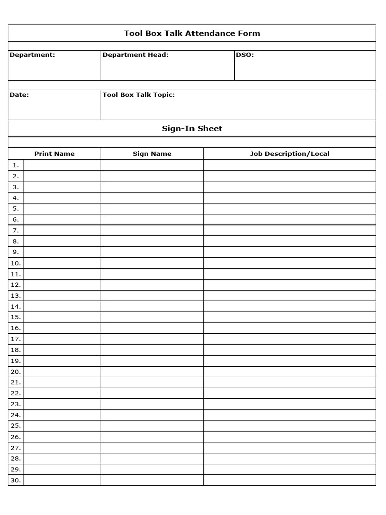 Tool Box Attendance Form PDF