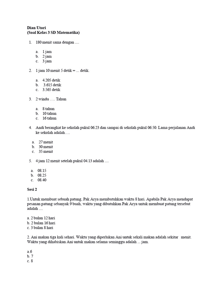 Soal Matematika Kelas 3 SD Terlengkap | PDF | Metode & Bahan Ajar ...
