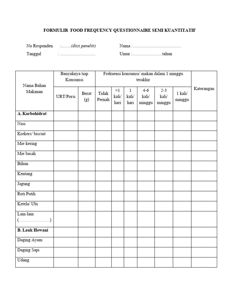 Formulir Food Frequency Questionnaire | PDF | Kesehatan Holistik