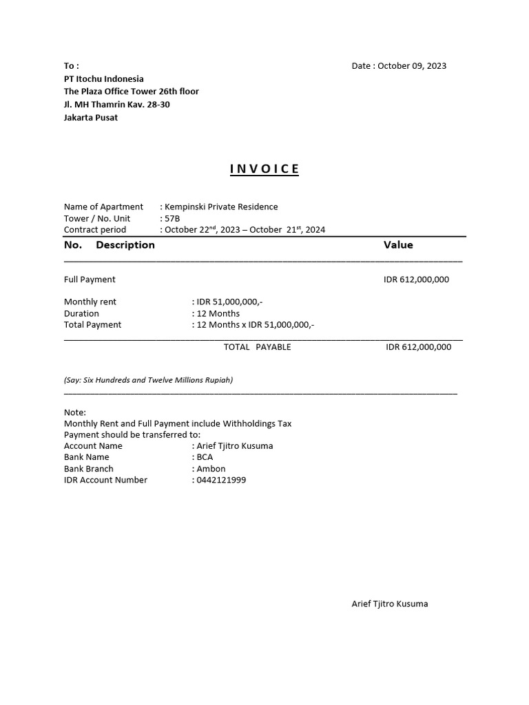 Invoice for Kempinski Residence Rental | PDF | Finance & Money Management