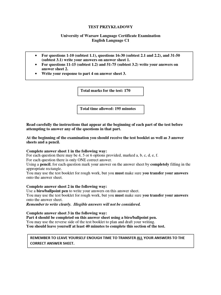 C1 English Language Test Instructions | PDF | Sleep | Sleep Deprivation