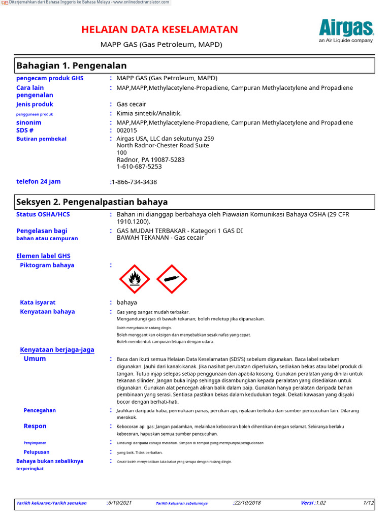 SDS Airgas MAPP GAS en Malay PDF