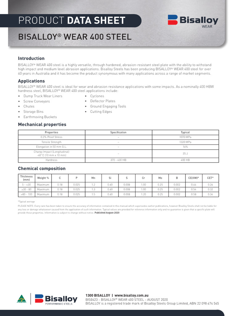 Bisalloy® Wear 400 Steel PDF Steel Wear