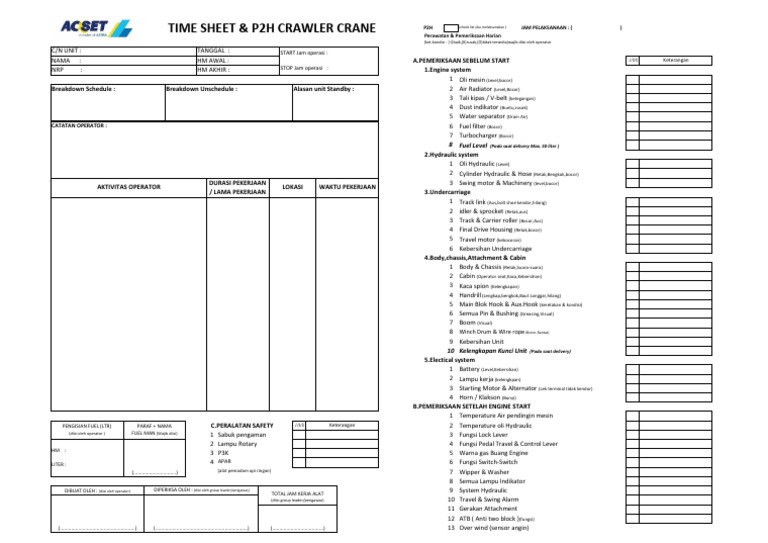 Pemeriksaan P2H Excavator Harian | PDF