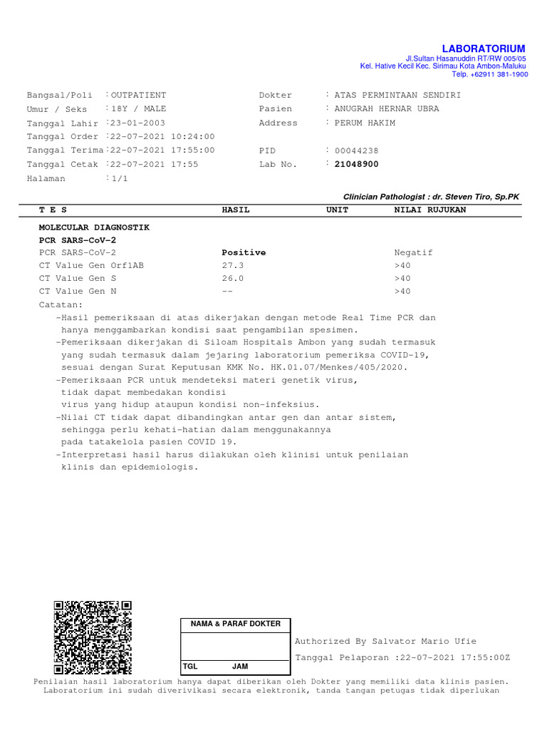 Hasil PCR SARS-CoV-2 Pasien Anugrah | PDF