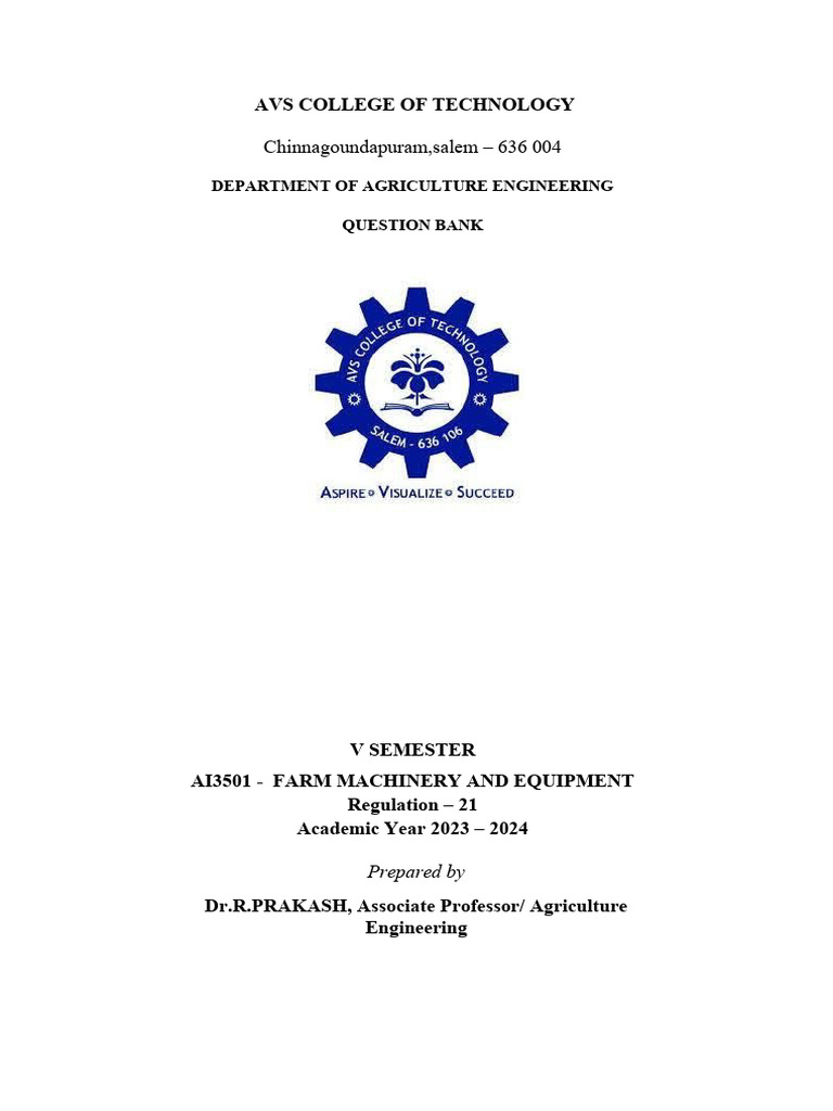 Question Bank Ai3501 Farm Machinery and Equipment Question Bank | PDF ...