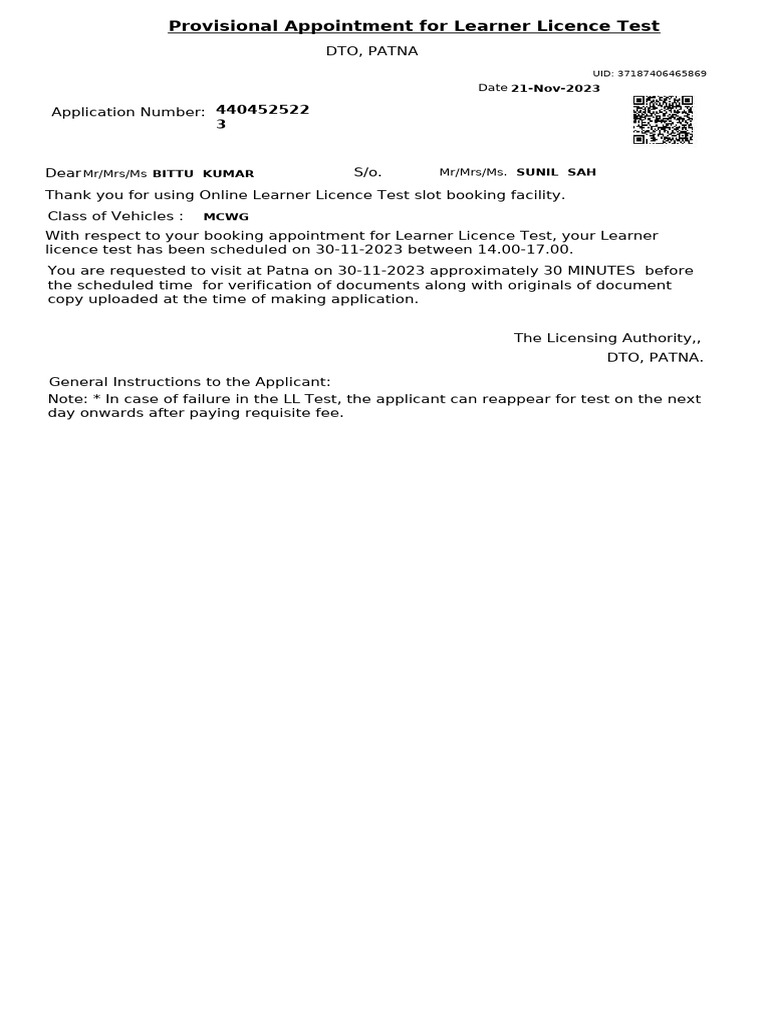 Provisional Appointment For Learner Licence Test PDF