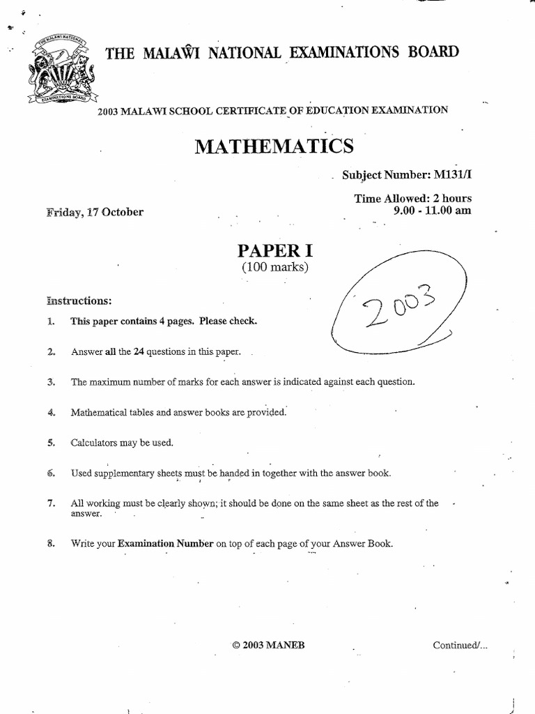 2003msce Math Paper | PDF