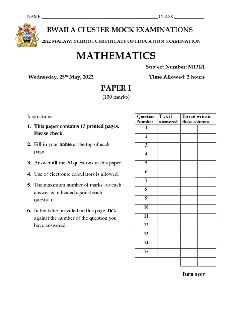 2022 Malawi MSCE Mathematics Exam | PDF | Mathematics | Elementary ...