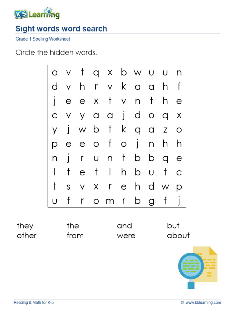 Grade 1 Sight Words Word Search | PDF