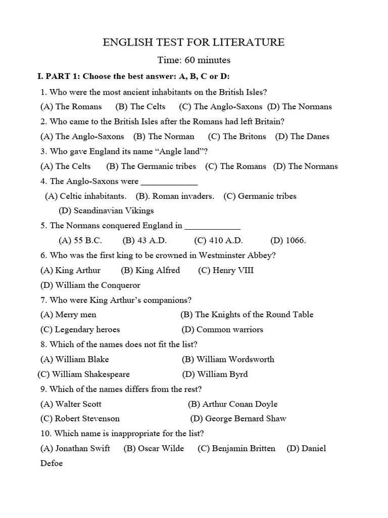 English Test For Literature | Download Free PDF | England | Celts
