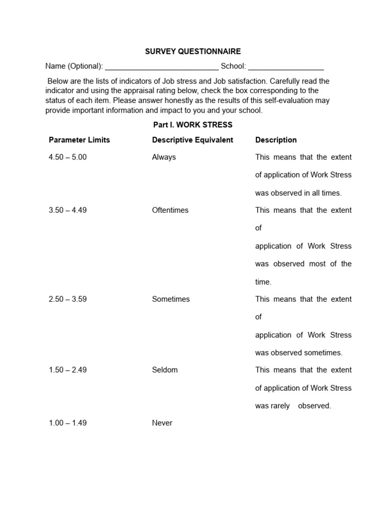 Survey Questionnaire PDF Job Satisfaction Occupational Stress