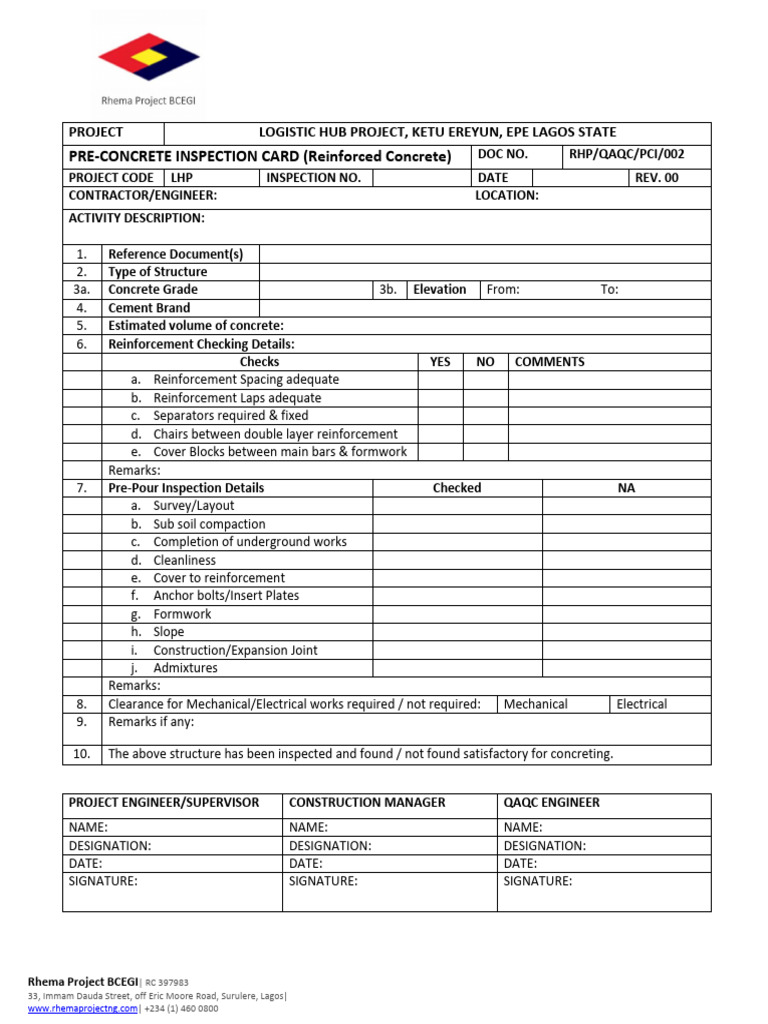 Concrete PrePour Checklist PDF Concrete Engineering