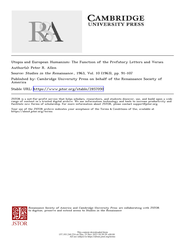 Utopia's Prefatory Letters and Humanism | PDF | Humanism | Utopia