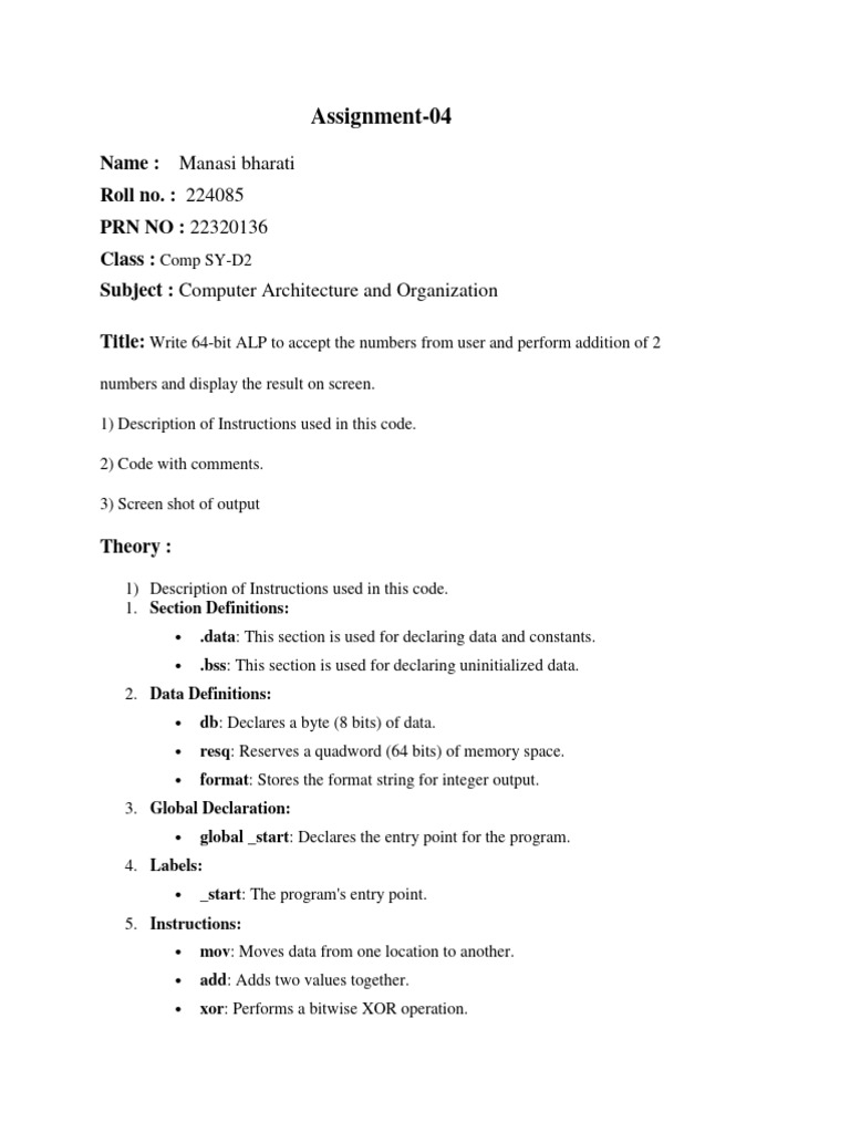64-bit ALP for Adding Two Numbers | PDF | String (Computer Science ...