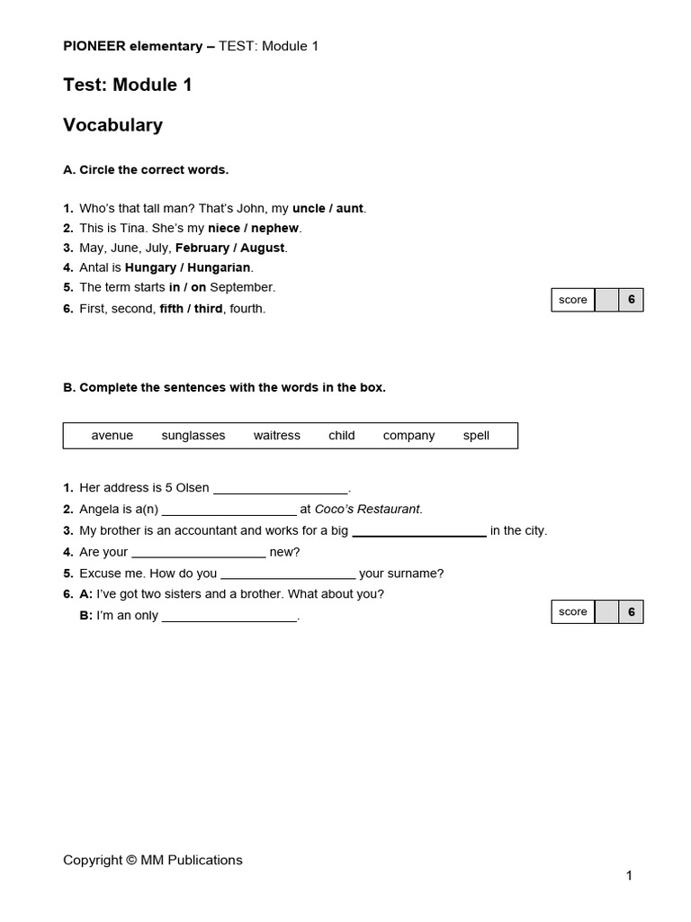 Pioneer Elementary Tests Module 1 | PDF | Linguistics | Human Communication