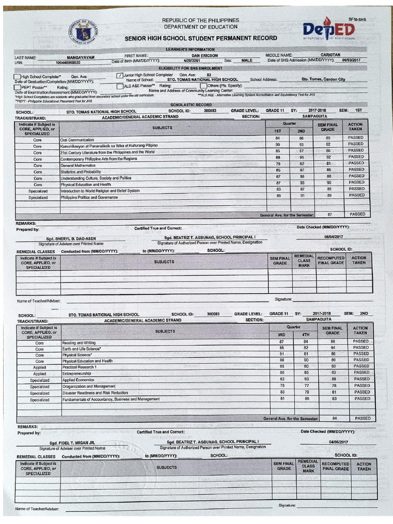 Senior High School - Official Transcript of Records | PDF