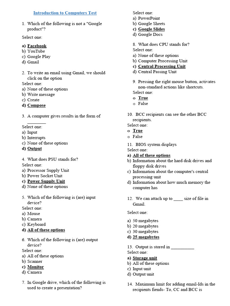 Computer Basics Test Questions | PDF | Input/Output | Gmail