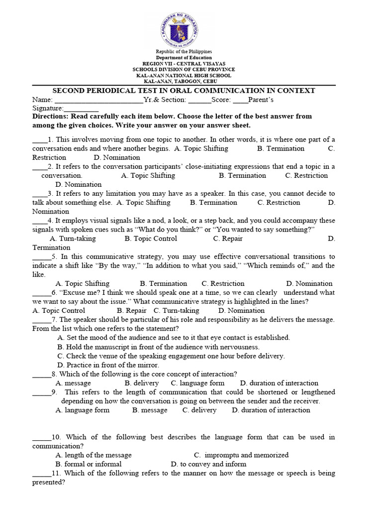 2ND Periodical Test in Oral Communication 2023 For Loren PDF Communication Speech