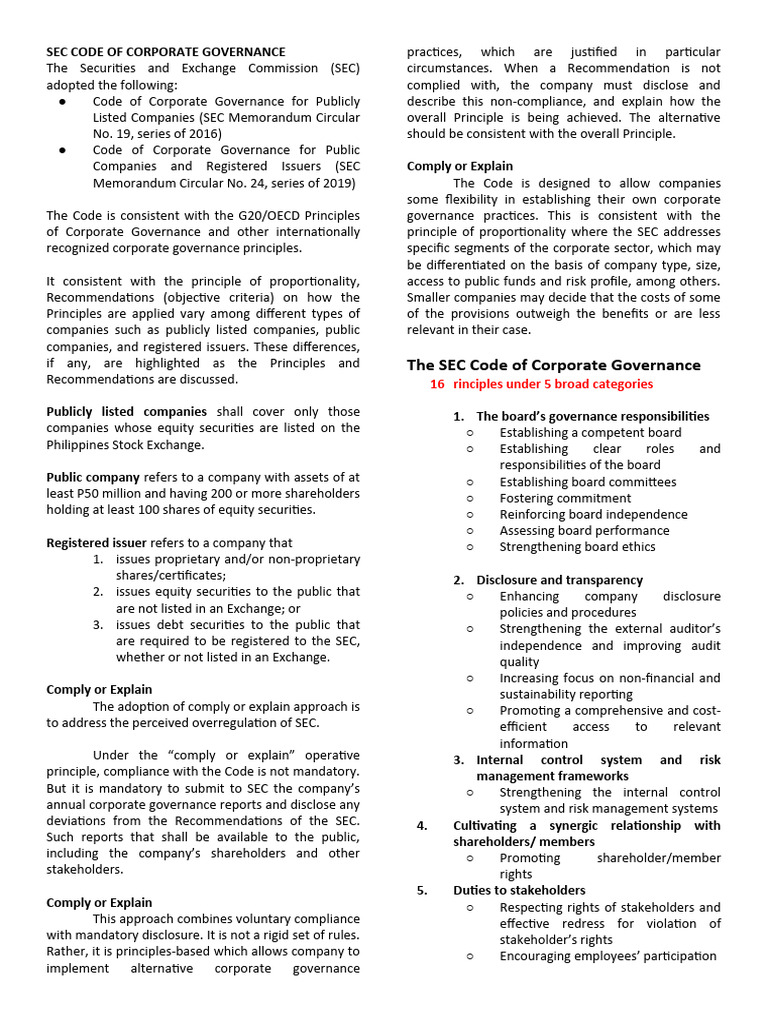 SEC Corporate Governance Code Overview | PDF | Board Of Directors ...