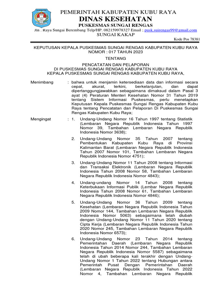 SK Pencatatan Dan Pelaporan Puskesmas Sungai Rengas 2023 | PDF