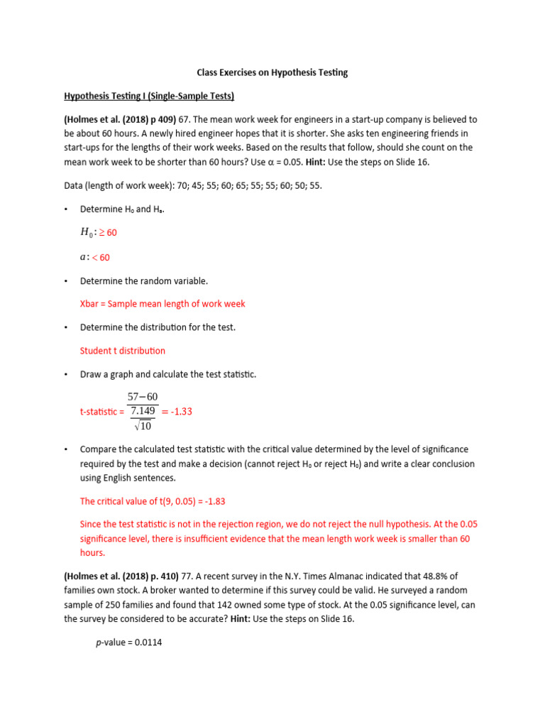 Class Exercises On Hypothesis Testing PDF Statistical Significance