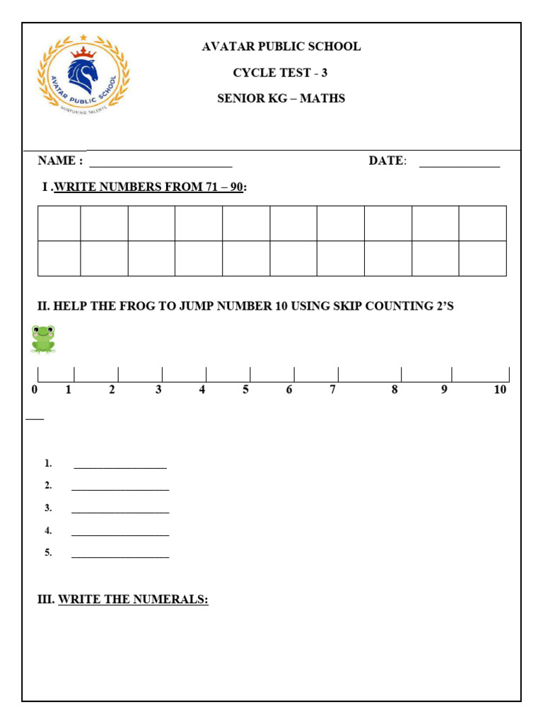 Senior KG Maths Cycle Test 3 | PDF