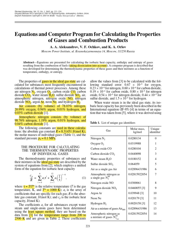 Equations and Computer Program For Calculating The Properties of Gases ...