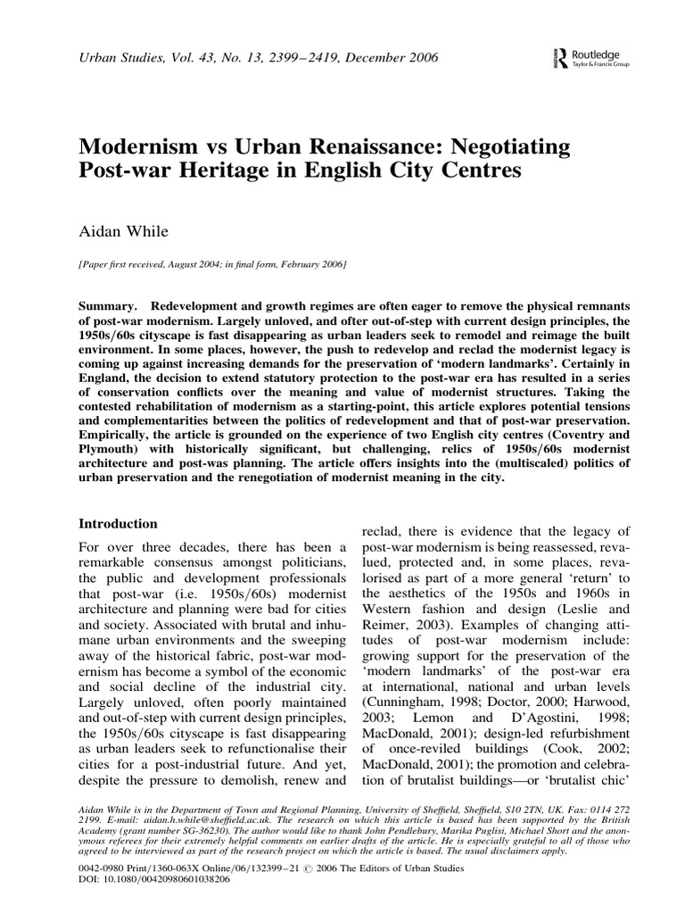 While 2006 Modernism Vs Urban Renaissance Negotiating Post War Heritage ...
