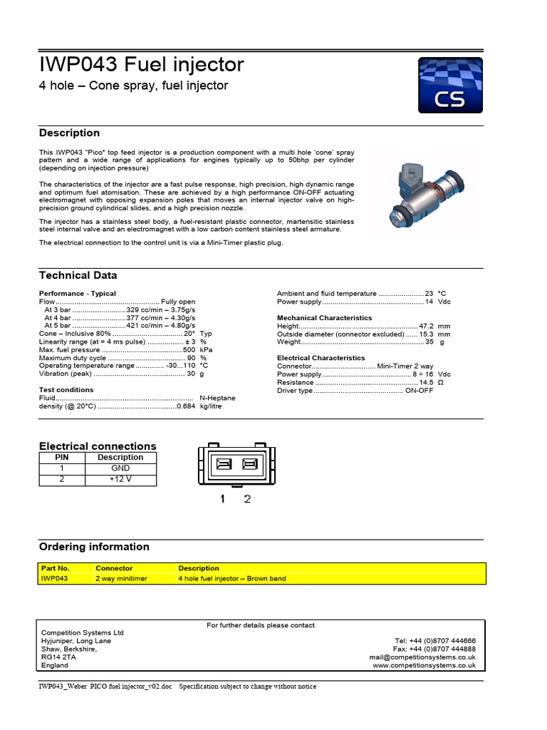 IWP043 Pico Diesel Fuel Injector Specs | PDF | Fuel Injection ...