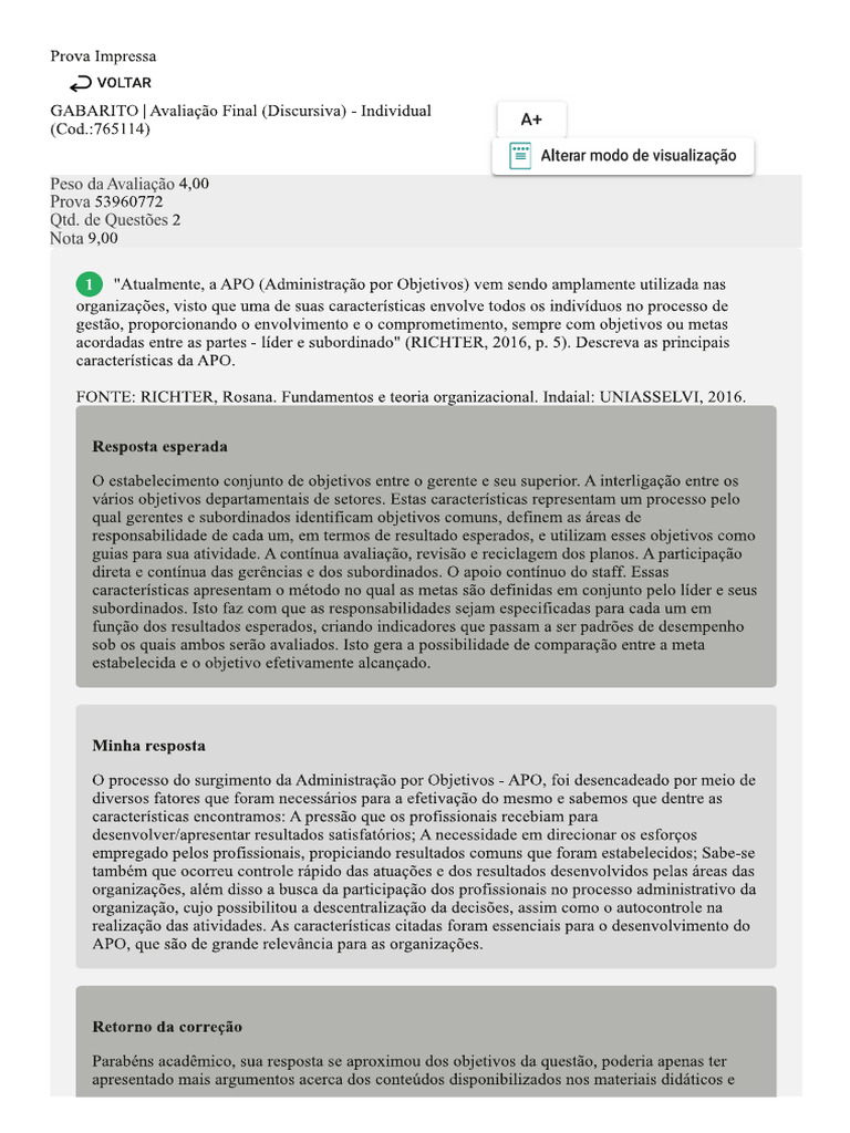 Avaliação Discursiva - Fundamentos e Teoria Organizacional | PDF