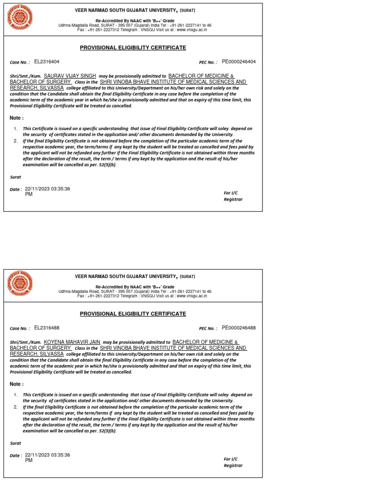 Provisional Eligibility Certificate PDF Medicine Gujarat