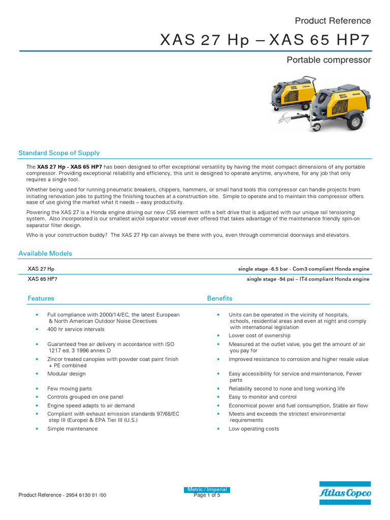 Atlas Copco XAS 27 & 65 Compressor Specs | PDF | Horsepower | Engines