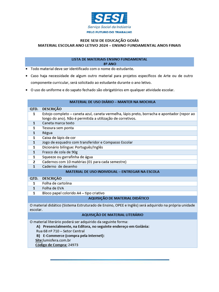8º Ano EF Lista de Material Escolar 2024 | PDF