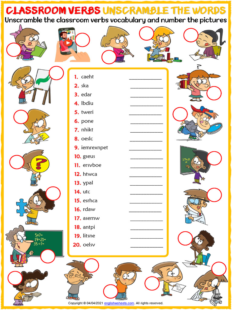Classroom Verbs Vocabulary Esl Unscramble The Words Worksheet For Kids