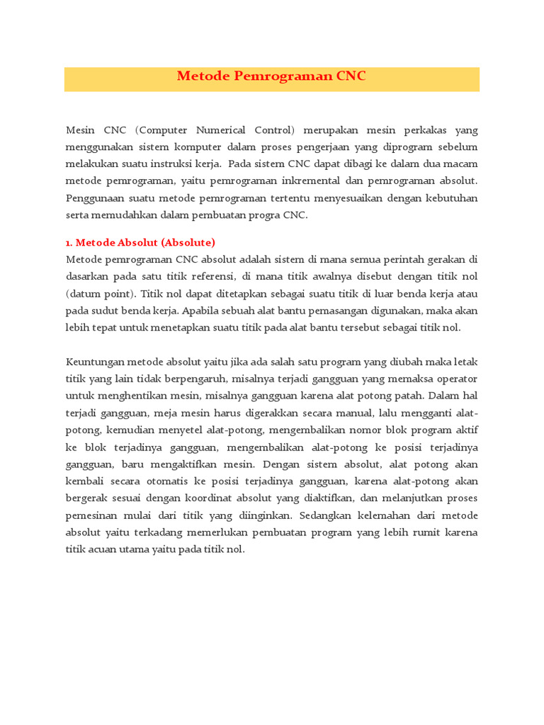 Perbandingan Pemrograman CNC Absolut dan Inkremental | PDF | Metode ...