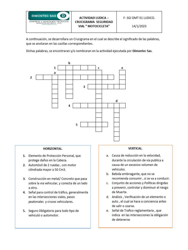 Actividad Ludica Crucigrama. Seguridad Vial Motocicleta PDF