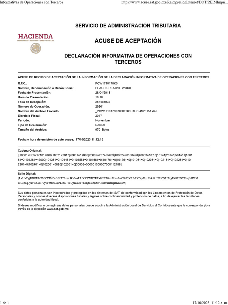 PEACH Acuse de Aceptación DIOT 2017 11 | PDF | Gobierno