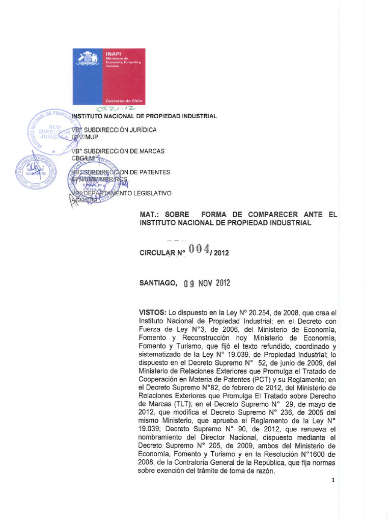 Circular 4 2012 (Forma Comparecer Ante INAPI) | PDF