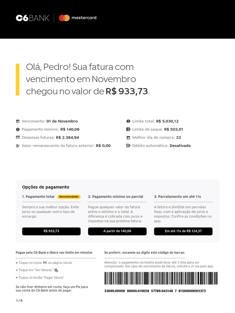 Fatura do Cartão C6 - Novembro 2022 | PDF