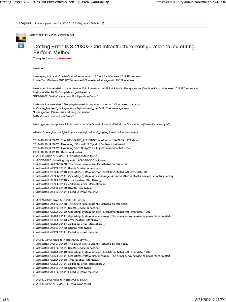 Getting error ins 20802 grid infrastructure configuration failed during