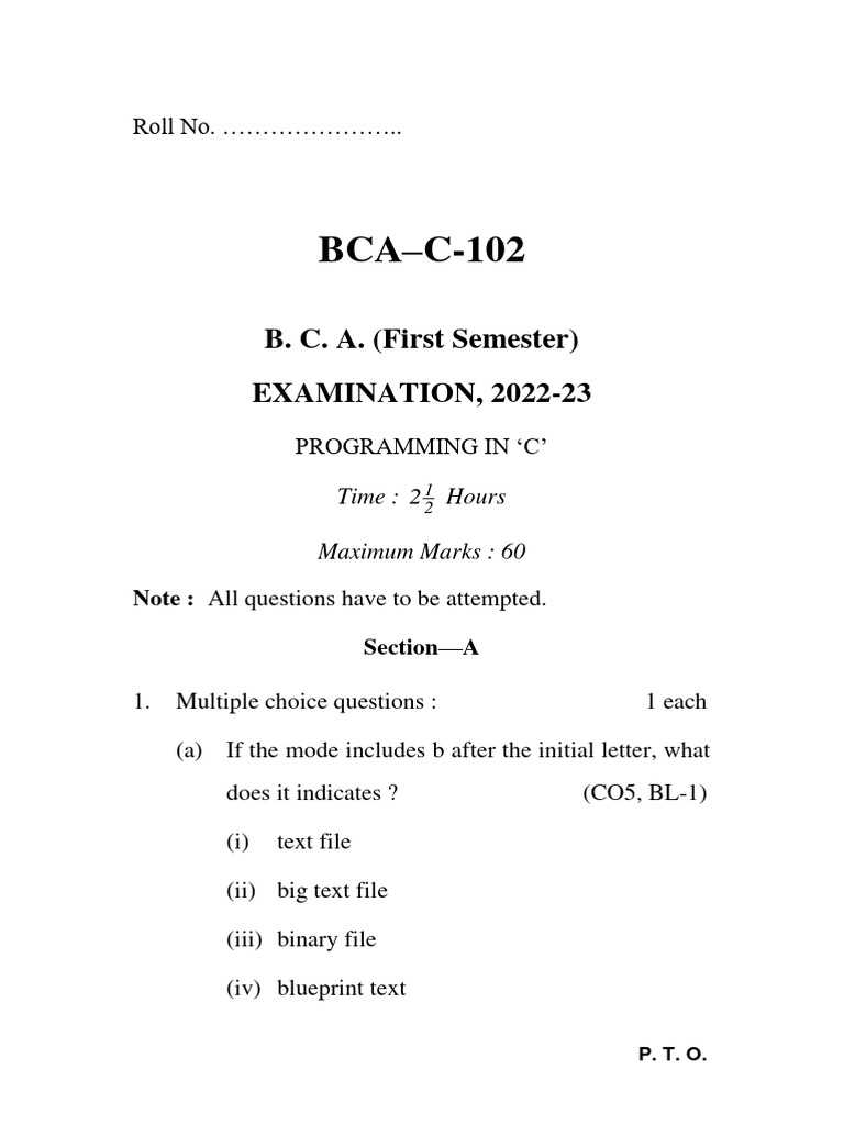 BCA Programming in C Exam 2022-23 | PDF | Pointer (Computer Programming ...