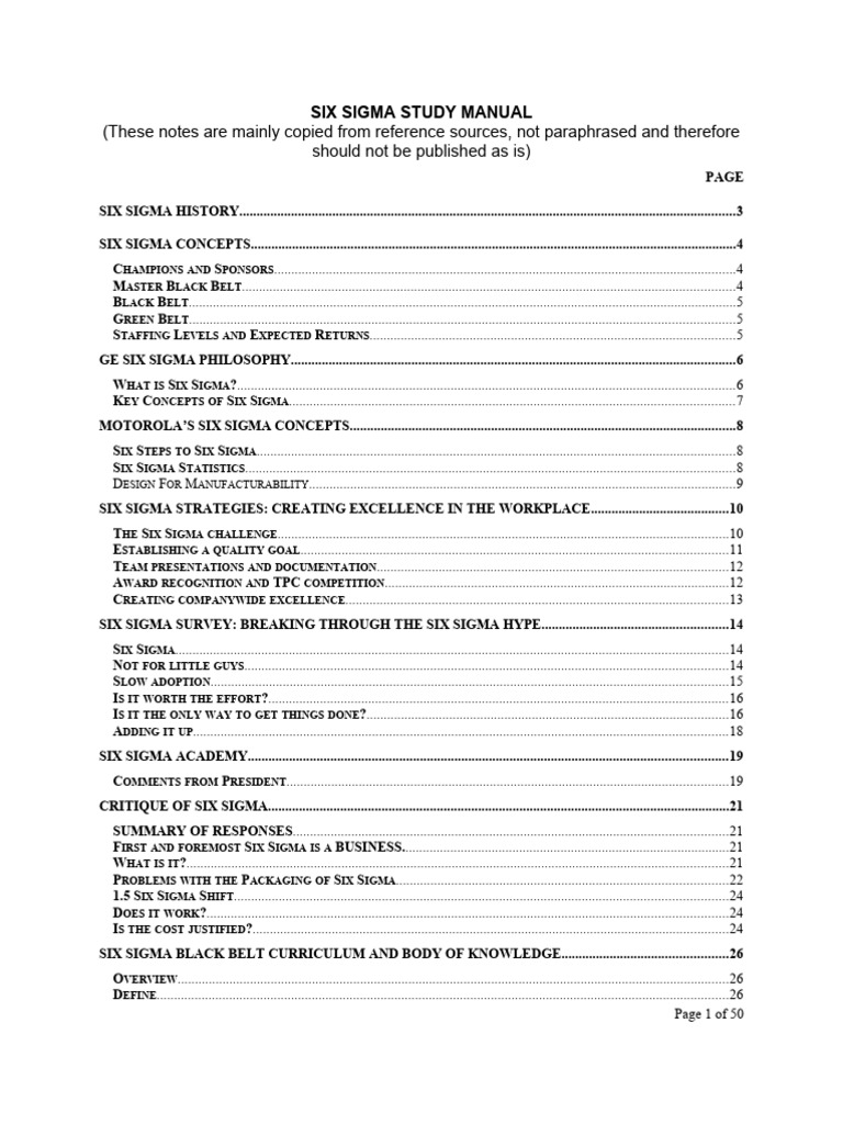 Six Sigma Study Manual | PDF | Six Sigma | Design For Six Sigma
